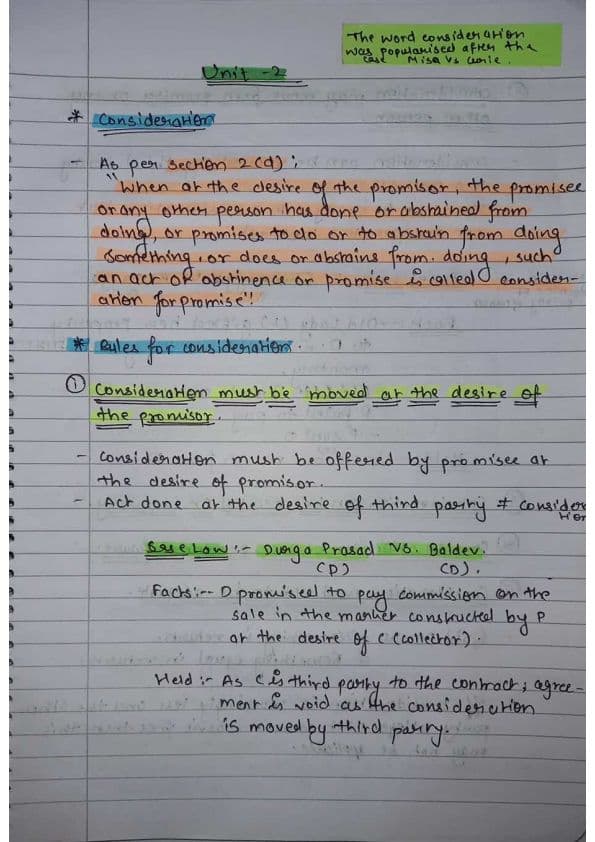 First page of Indian contract act 1872 unit 2 detailed notes with glossary of all sections