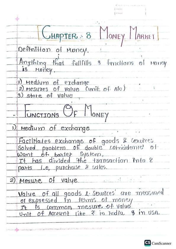 First page of Business economics [,chap 8 : money market.. [ Unit 1]; [ unit 2] Handwritten notes📝