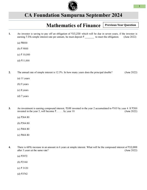 First page of Pyq of mathematics of finance