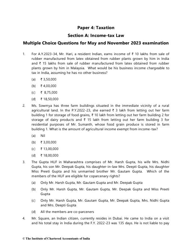First page of CA intermediate Taxation all chapter mcq cover
