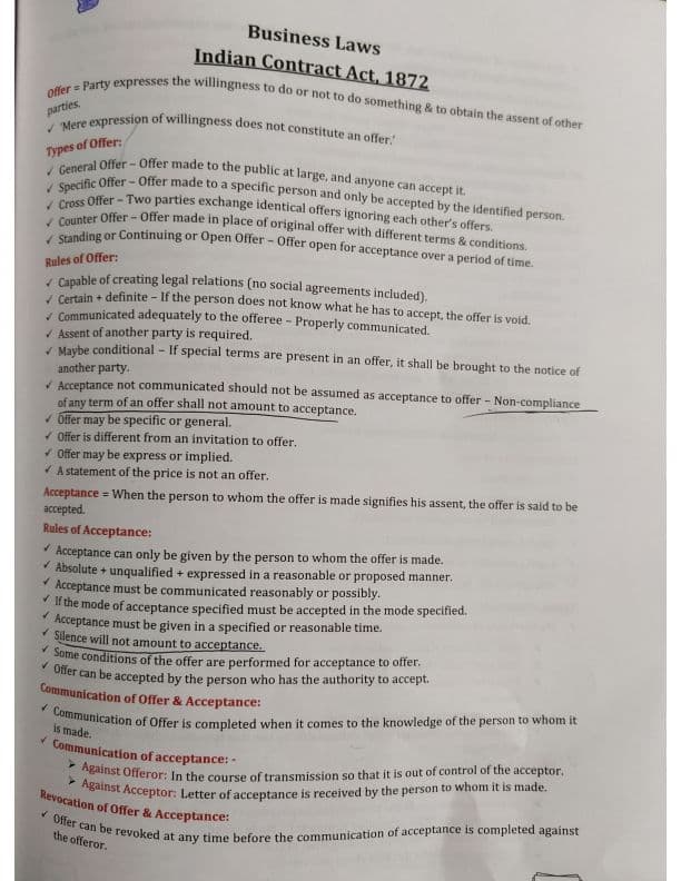 First page of Indian Contract Act short notes for quick revision