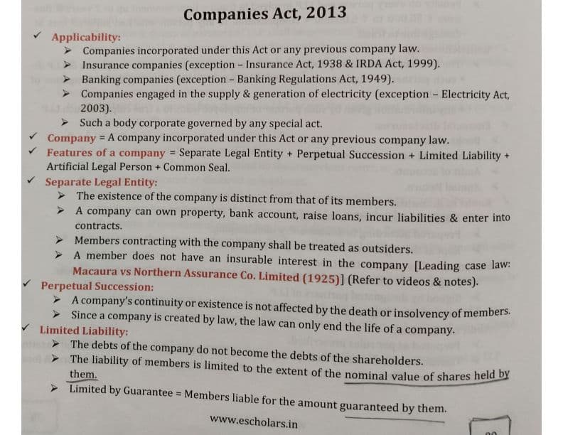 First page of Company Act 2013 notes for quick revision