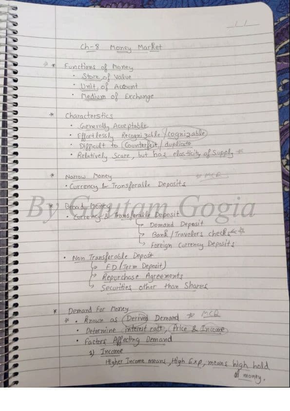 First page of Money market hand written note economics 🌺