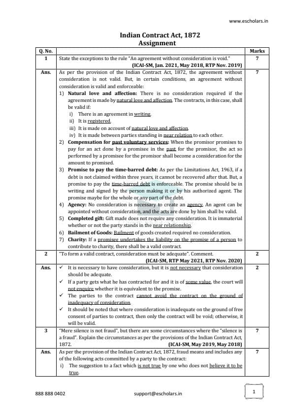 First page of Indian Contract Act ¹⁸⁷² Important Questions and Answers