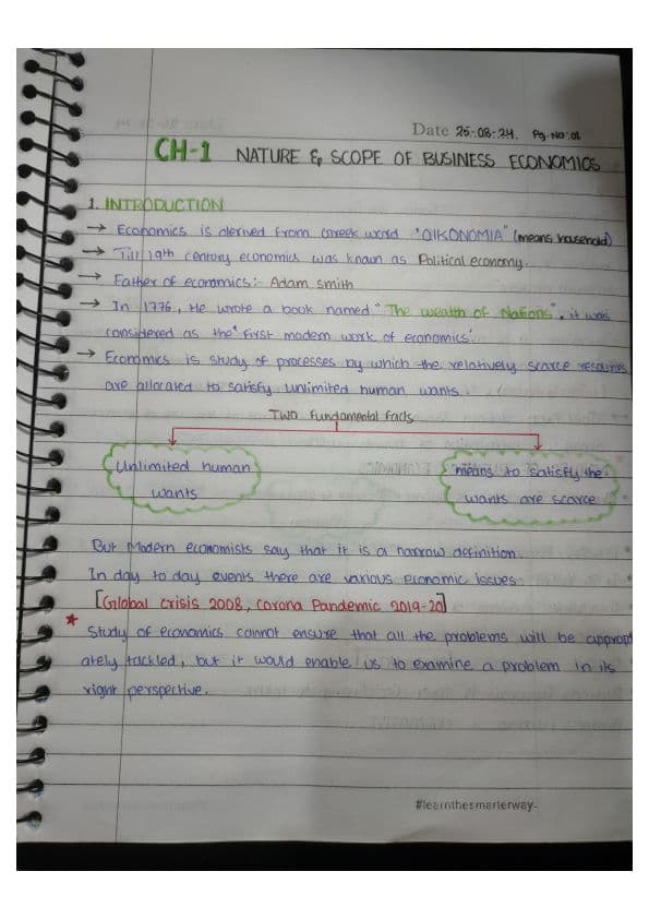 First page of Business economics 1chapter handwritten notes!!