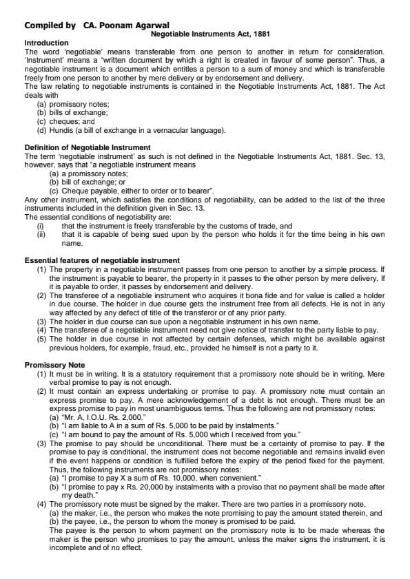 First page of Law Negotiable instrument act by summrise