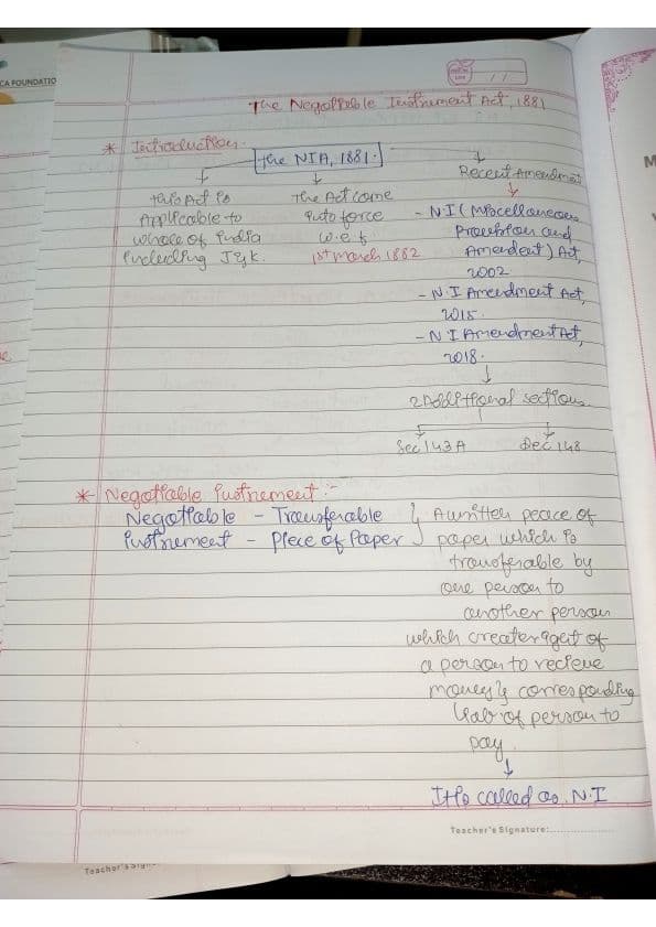 First page of Negotiable instrument handwritten notes detailed