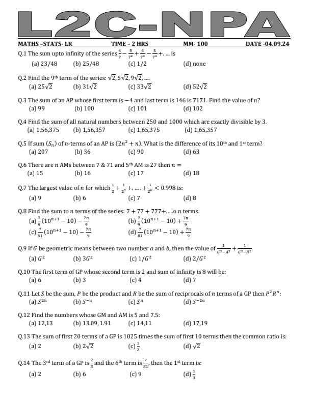 First page of Maths LR stats test