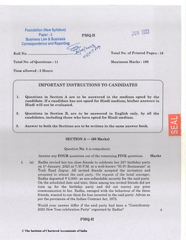 First page of Business law previous paper