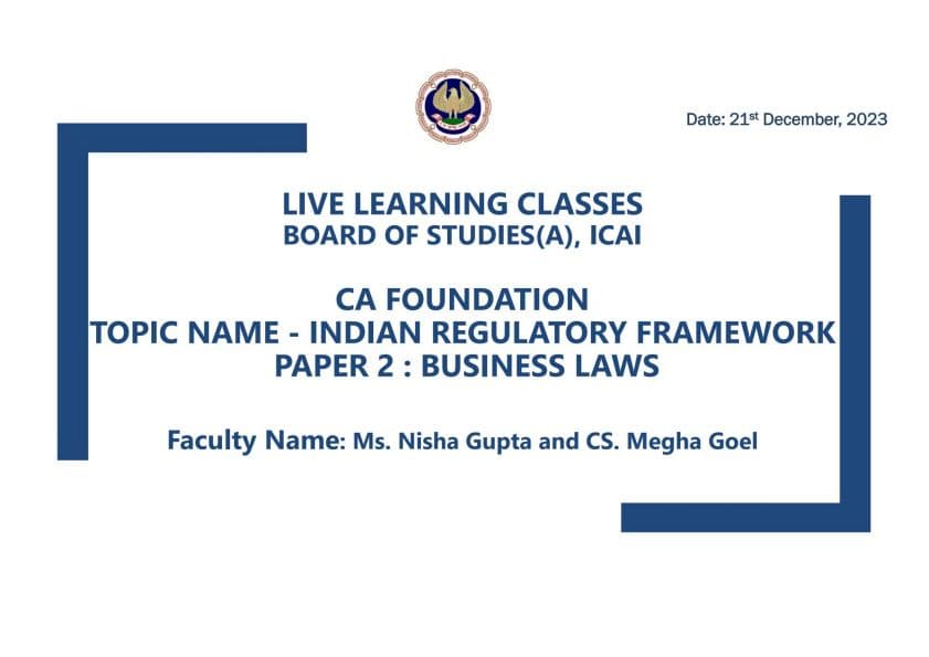 First page of Indian Regulatory Framework (ICAI INSTITUTE)
