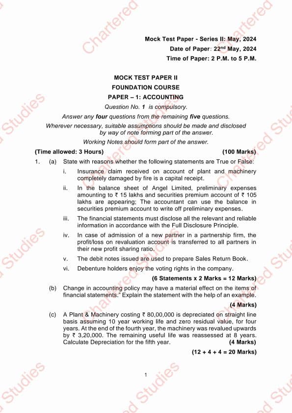 First page of Mock test paper series 2, 2024 accounts..