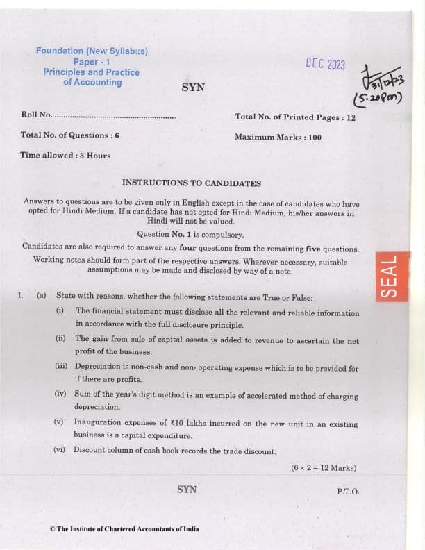 First page of Accounts question paper