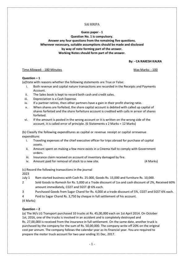 First page of Accounts guess paper by kalra sir