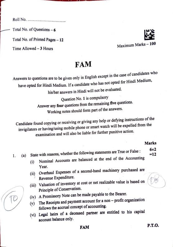First page of CA FOUNDATION ACCOUNTS SEPTEMBER ATTEMPT PAPER 2024