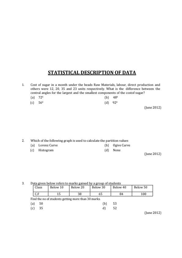 First page of Statistical description important questions