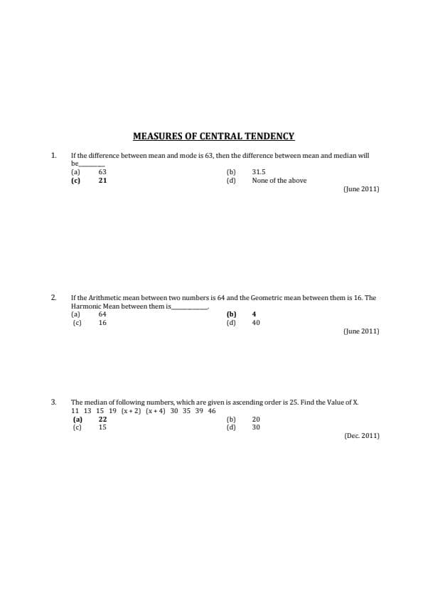 First page of Measure of central tendency important questions
