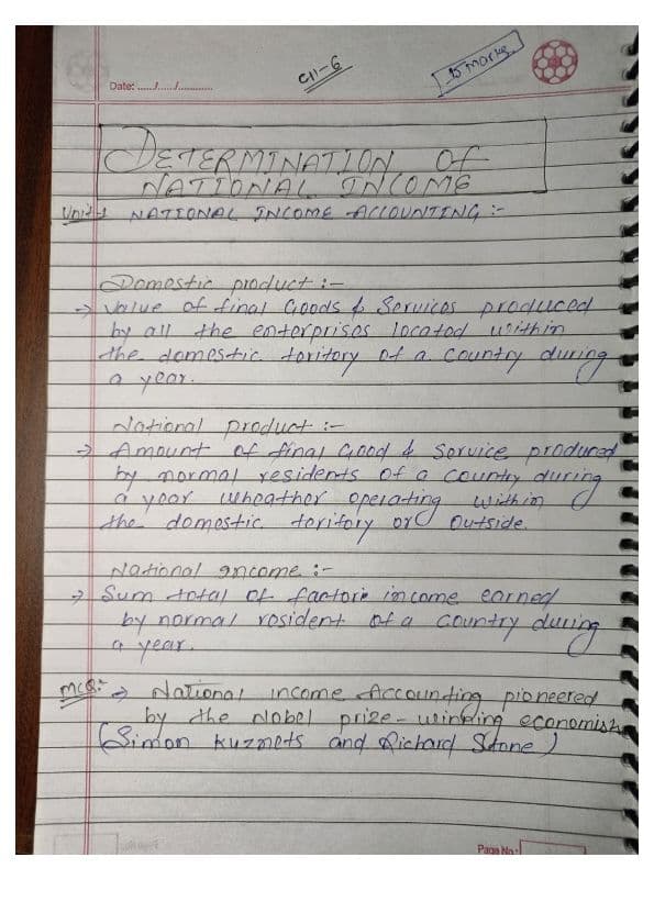 First page of Determination of national income conceptual notes UNIT -1
