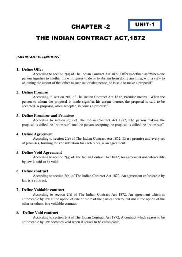 First page of Indian contact act Unit 1