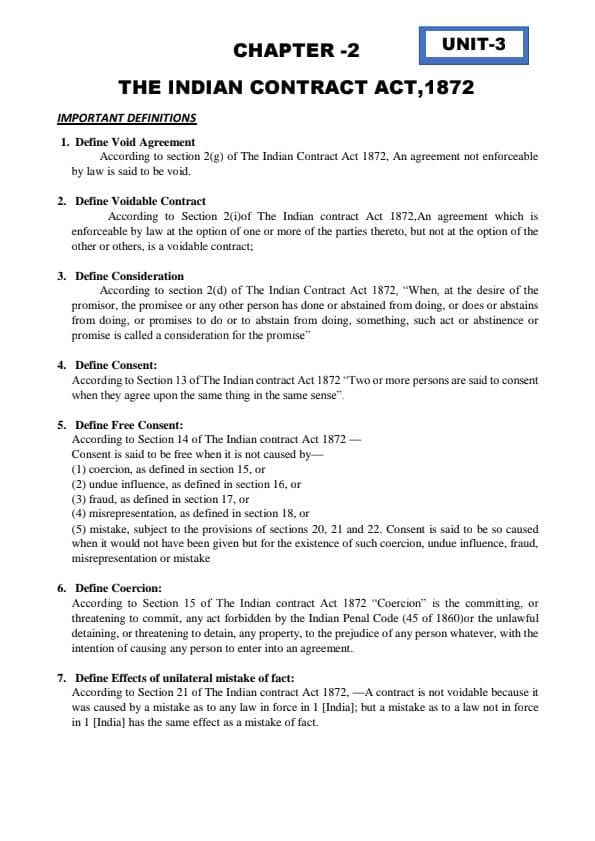 First page of Indian contact act Unit 3