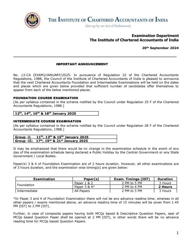 First page of CA INTER Jan25 Exam Datesheet ✅