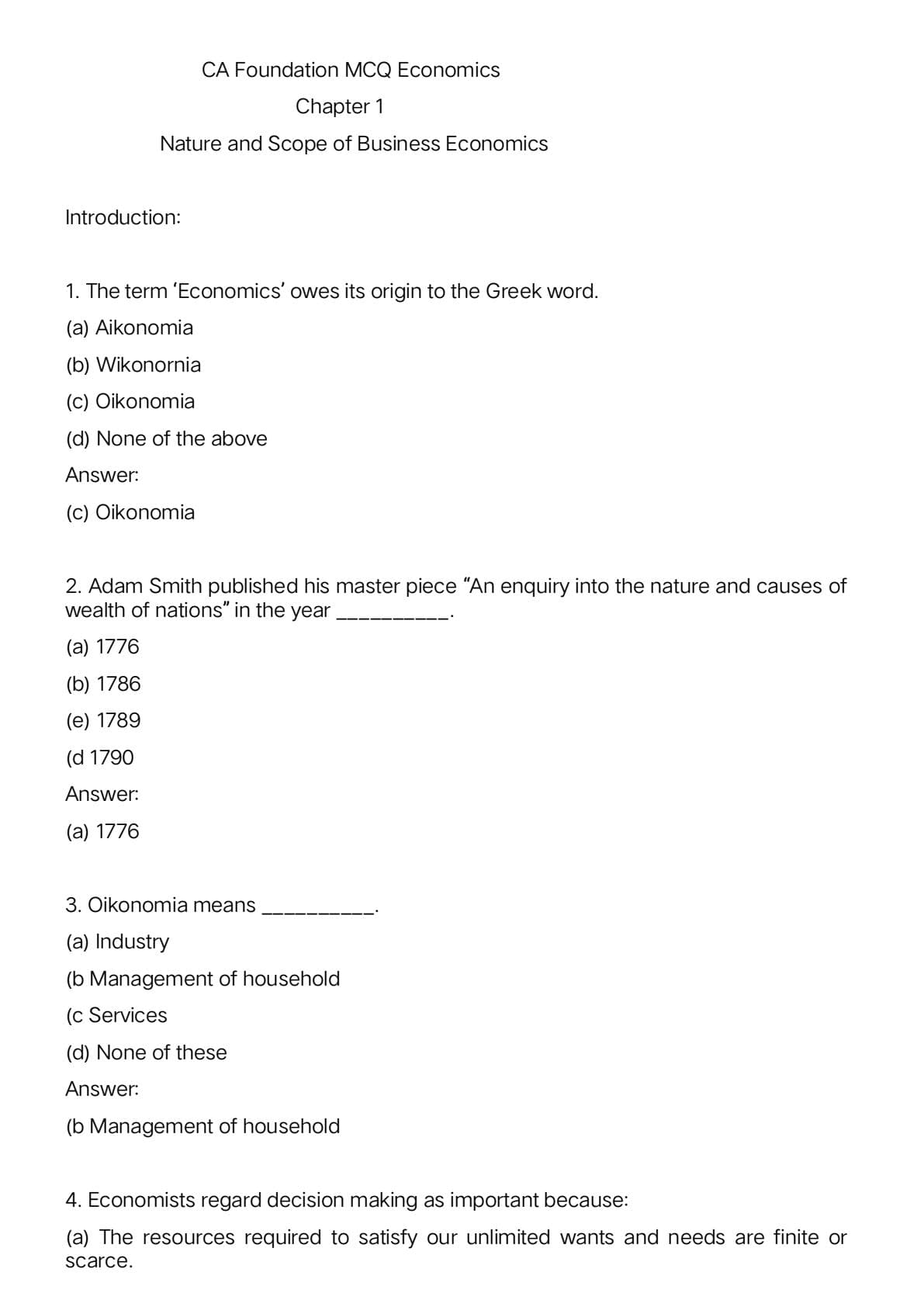 First page of Nature and scope of business economic MCQ