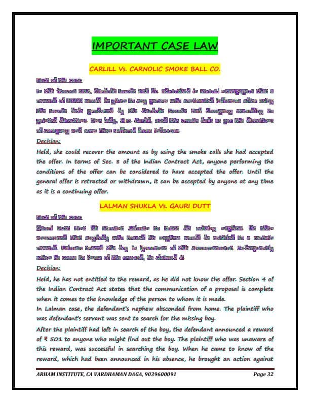 First page of Business Law Important Case Law list for CA Foundation