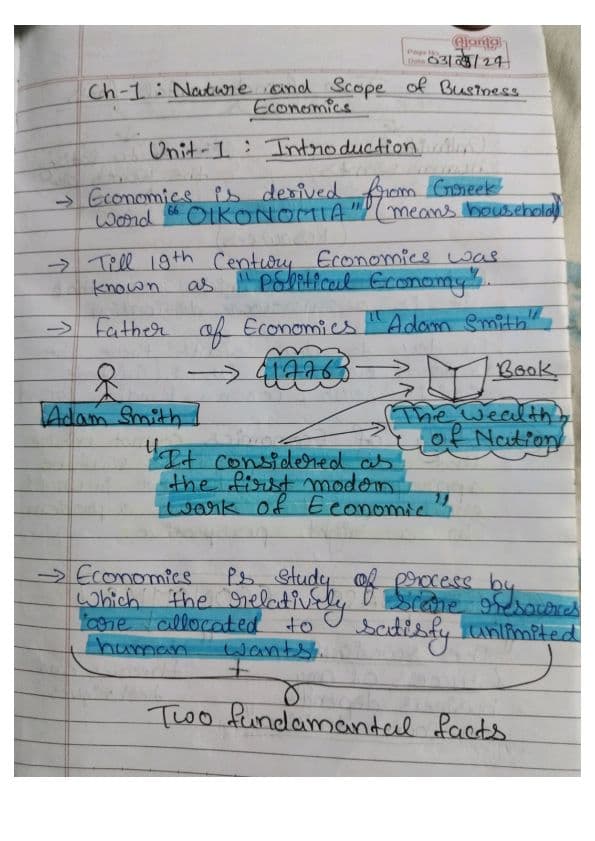 First page of Nature and scope of business economics notes