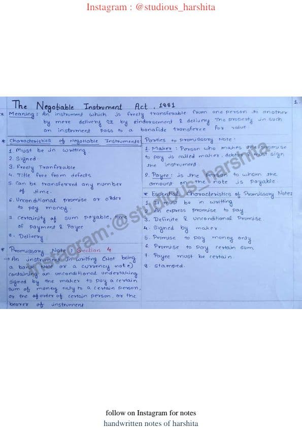 First page of Negotiable act summary