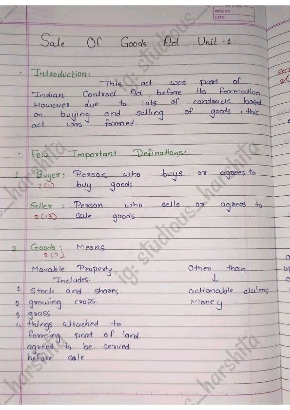 First page of Handwritten notes soga
