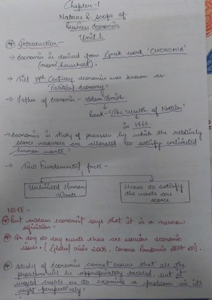 First page of Economics- Chapter 1 Nature and scope of business economics Unit-1 handwritten notes
