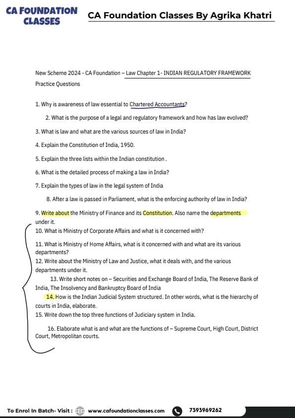 First page of Indian regulatory framework pdf for CA foundation