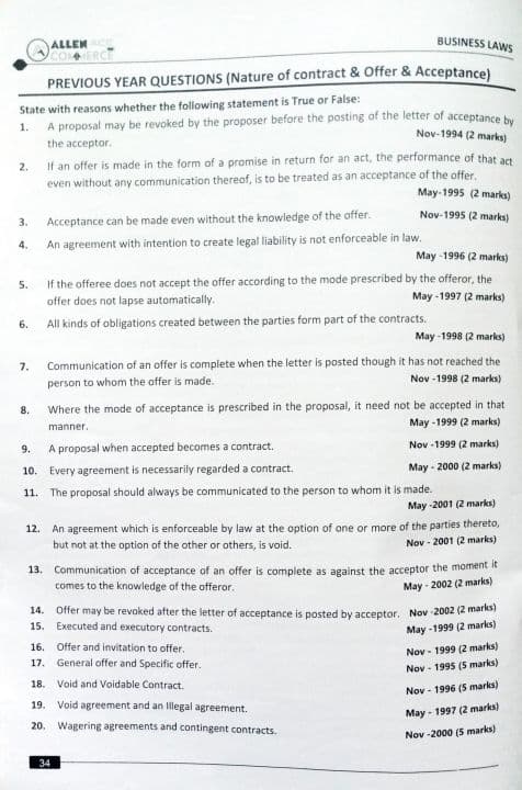 First page of Business law pyqs by Allen Commerce