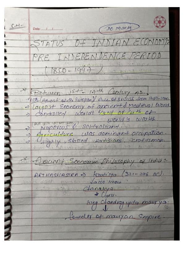 First page of Chapter 10: Indian Economy. In Bullet points .
