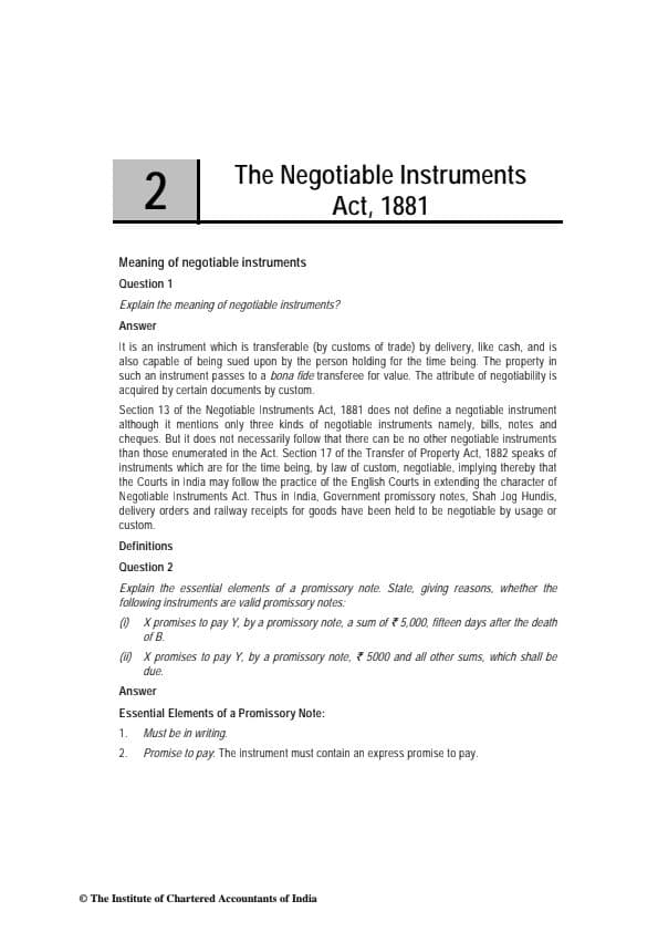 First page of Business laws practice question of chapter The Negotiable Instrument Act,1881 for CA foundation
