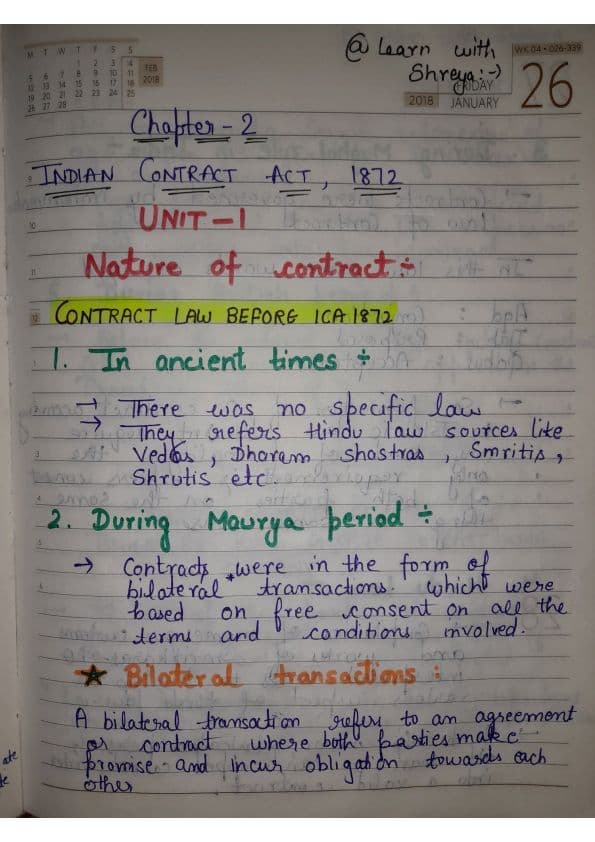 First page of Chapter 2, indian contact act 1872, notes