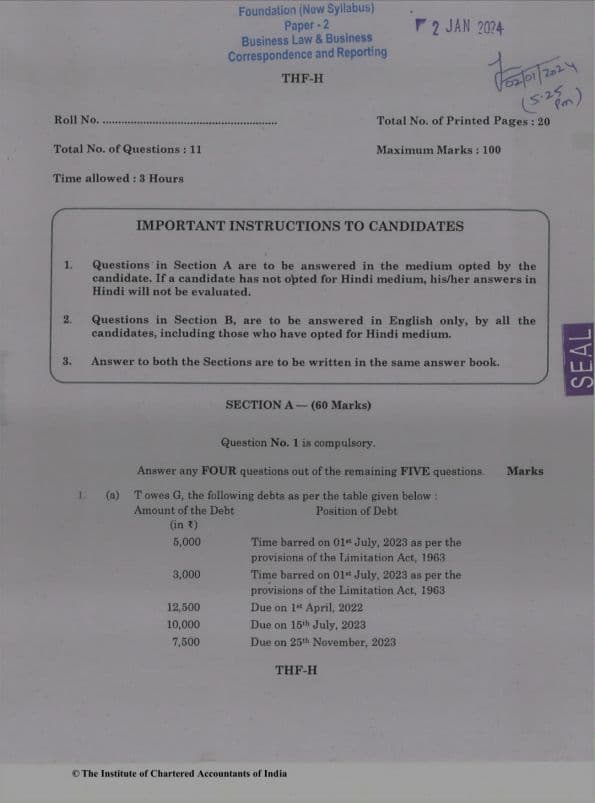 First page of June 2021 to Dec 2023 Business law question paper