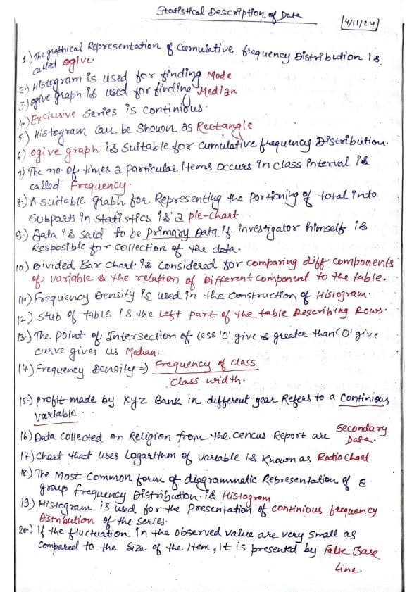 First page of Statistical description one liner