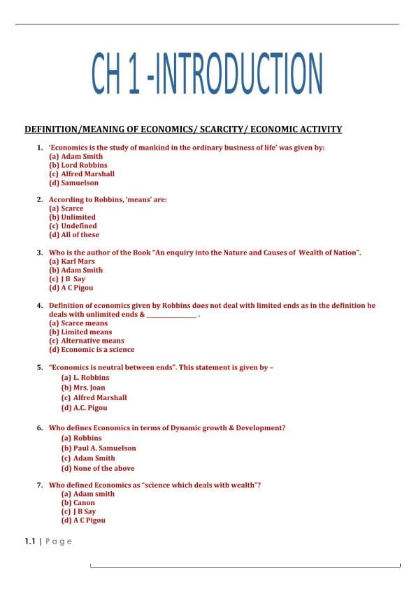 First page of Economic chapter 1 Important questions