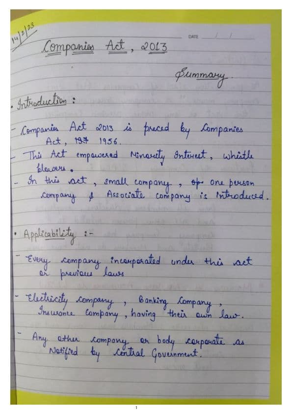 First page of The Companies act,2013 handwritten notes