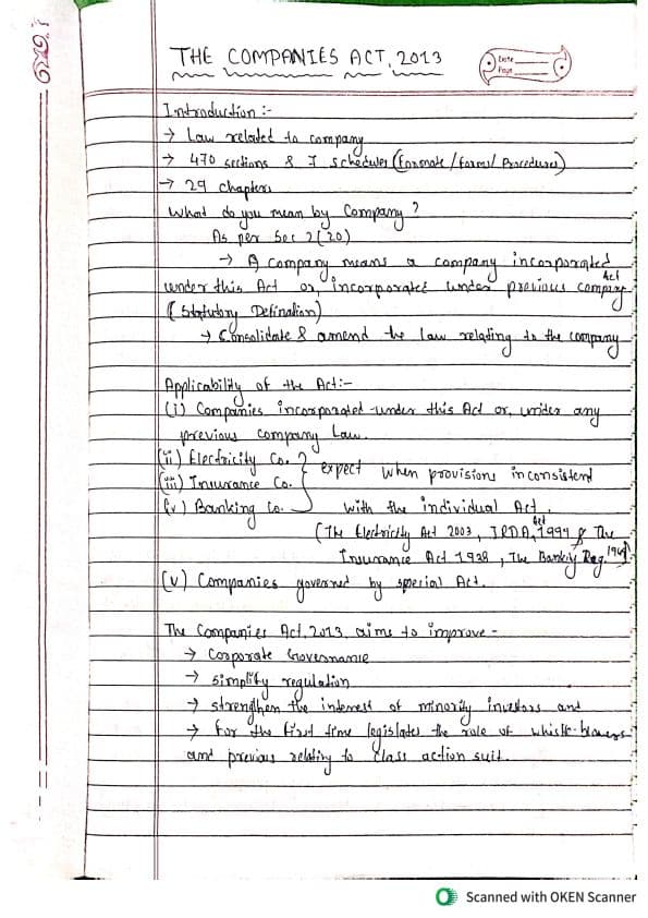 First page of The Companies Act 2013 complete handwritten notes