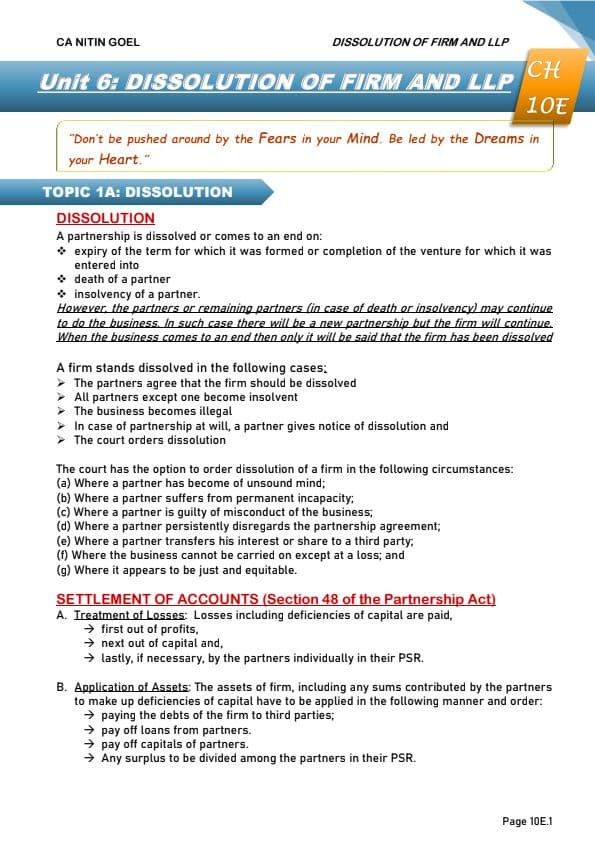 First page of Dissolution of partnership firm ch 10( unit 6) accounts notes with questions and answers for practice
