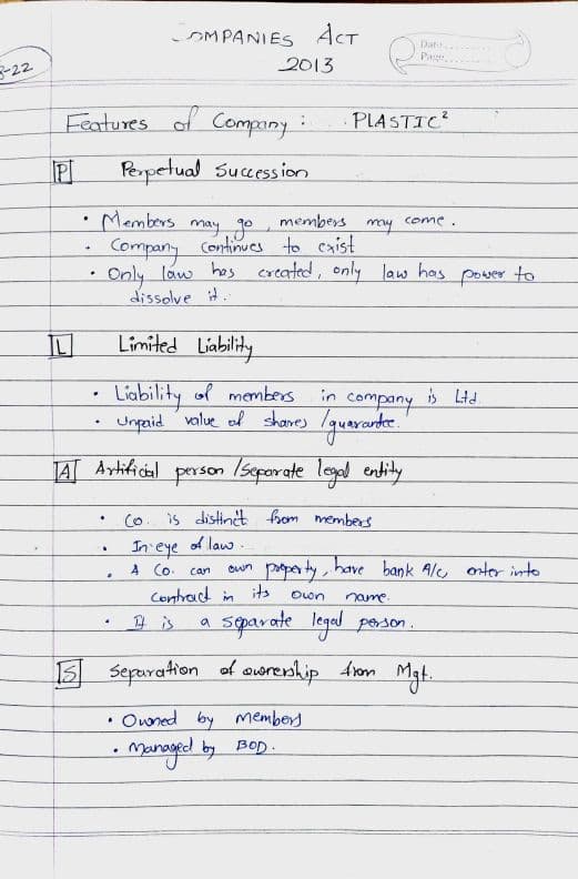 First page of Companies Act Hand written notes