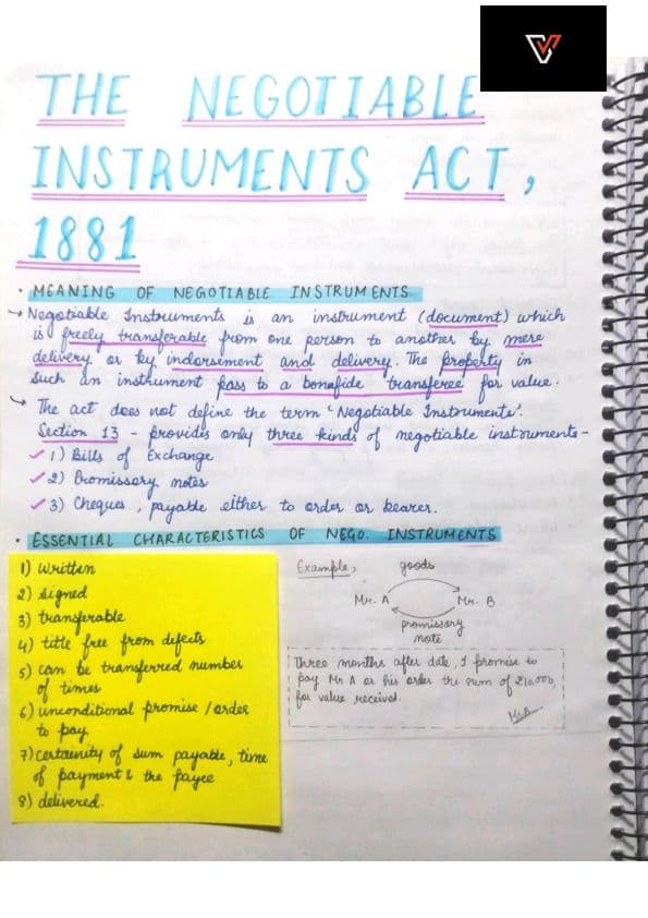 First page of The negotiable instrument act-1881 hand written notes