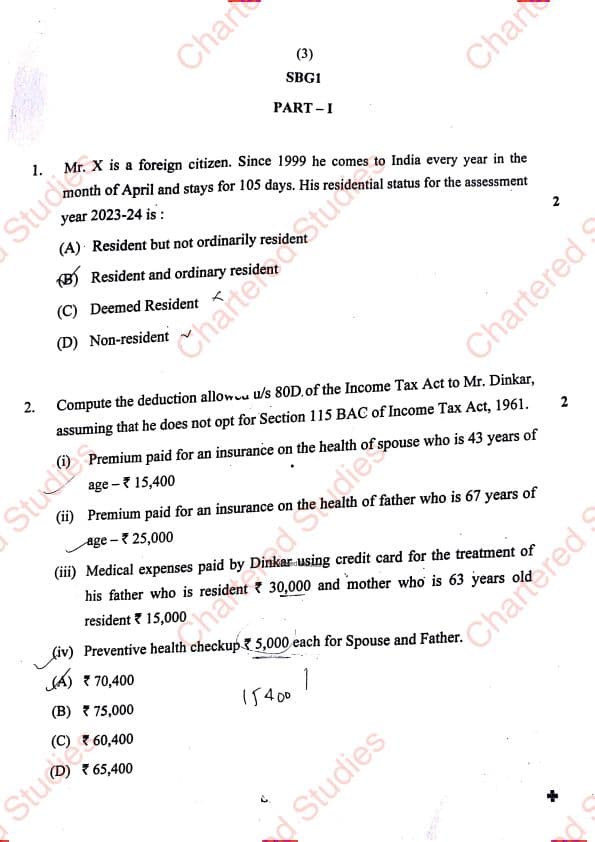 First page of MCQ PAPER OF CA INTER TAXATION OF NOV 2023