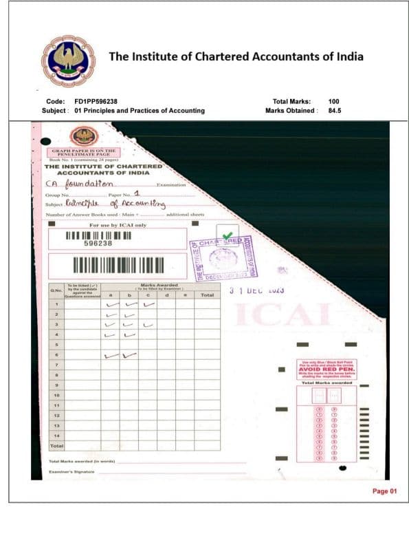 First page of Accounts ICAI certified exam copy