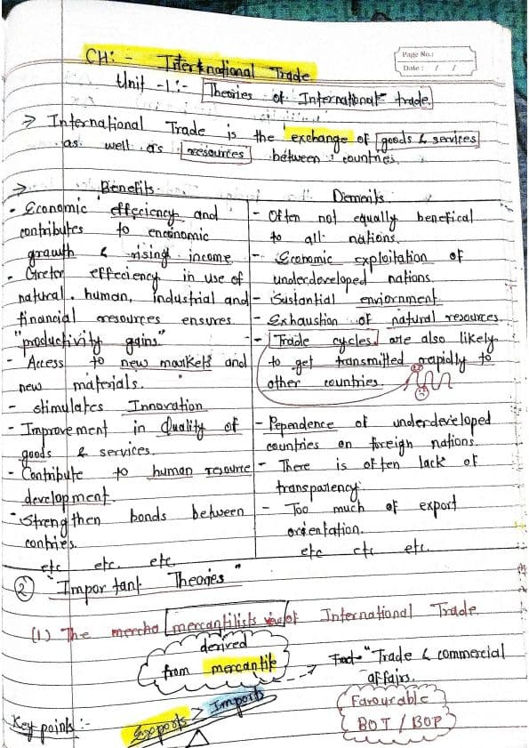 First page of Economics ch-9 International trade hand written notes...