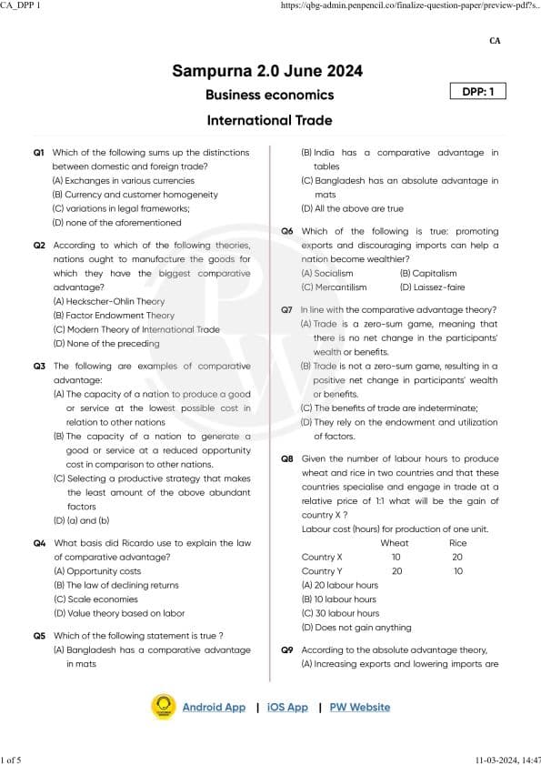 First page of International trade important questions part-1