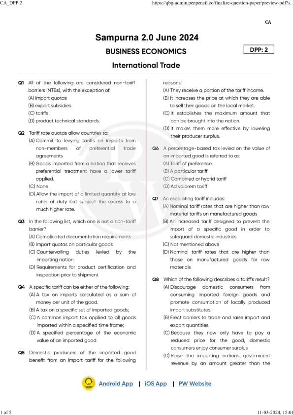 First page of International trade important questions part-2