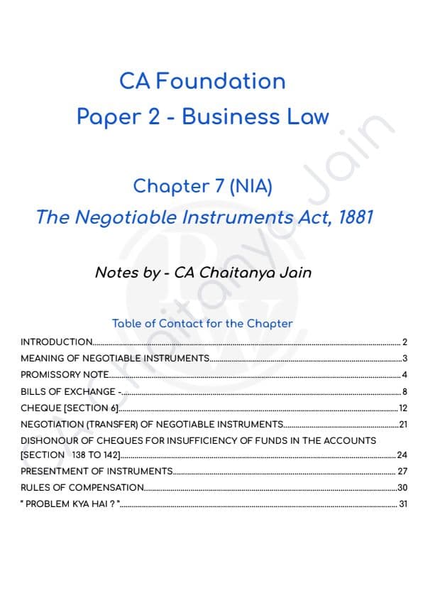First page of Buisness law Negotiable instrument act 1881