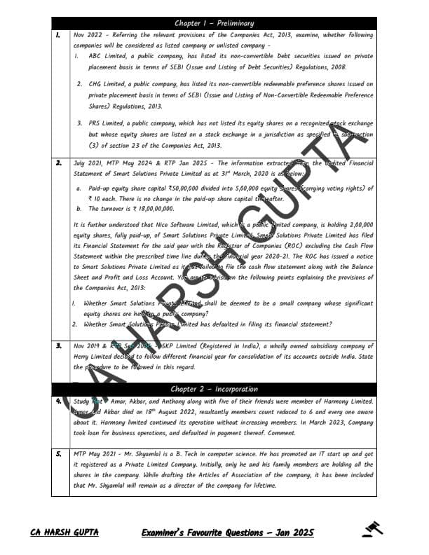 First page of Examiner Favourite Questions Corporate Law ( Jan 25 )